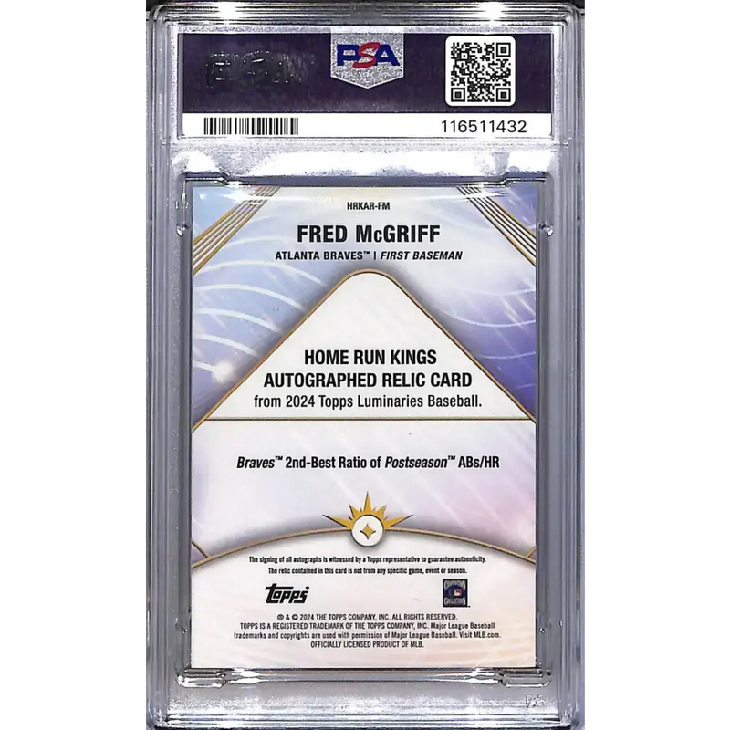 2024 Topps Luminaries Home Run Kings Blue #HRKAR-FM Fred McGriff PSA 9 MINT MEM Auto 3/10 Atlanta Braves - Baseball