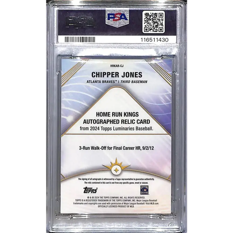 2024 Topps Luminaries Home Run Kings #HRKAR-CJ Chipper Jones PSA 10 GEM MINT MEM Auto 8/25 Atlanta Braves - Baseball