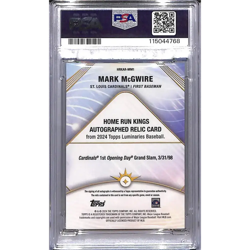 2024 Topps Luminaries Home Run Kings #HRKAR-MM1 Mark McGwire PSA 10 GEM MINT MEM Auto 23/25 St. Louis Cardinals
