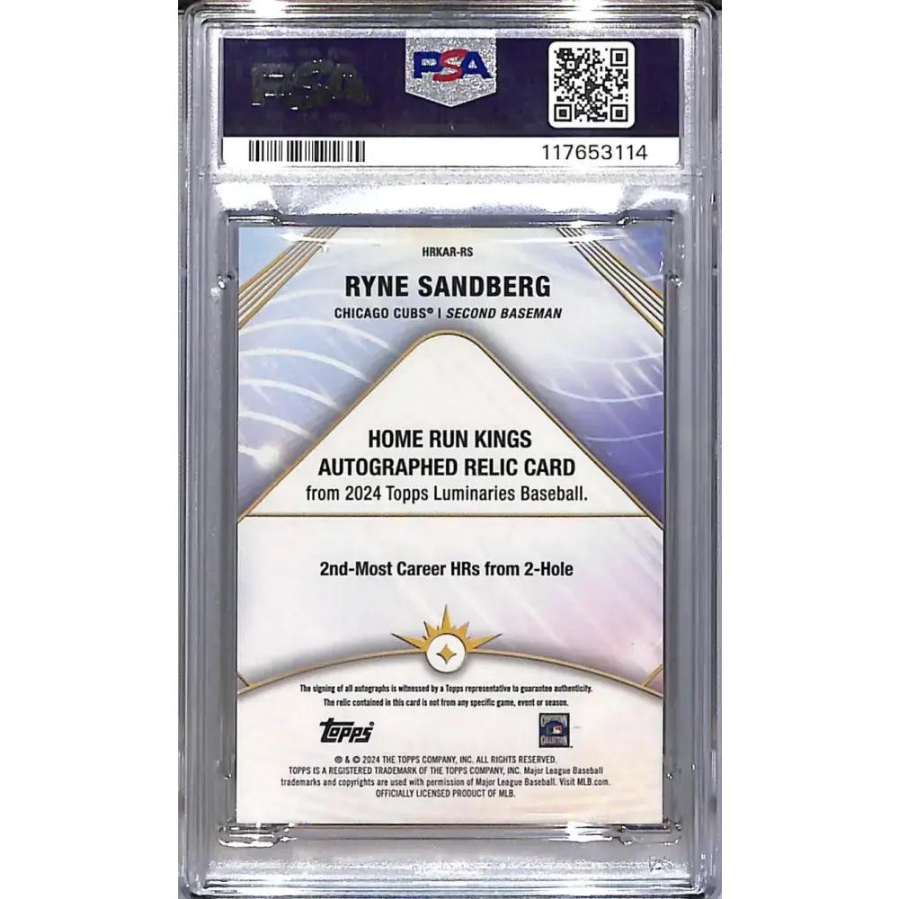 2024 Topps Luminaries Home Run Kings #HRKAR-RS Ryne Sandberg PSA 9 MINT MEM Auto 09/25 Chicago Cubs - Baseball Card