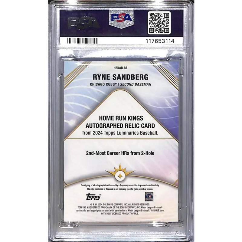 2024 Topps Luminaries Home Run Kings #HRKAR-RS Ryne Sandberg PSA 9 MINT MEM Auto 09/25 Chicago Cubs - Baseball Card