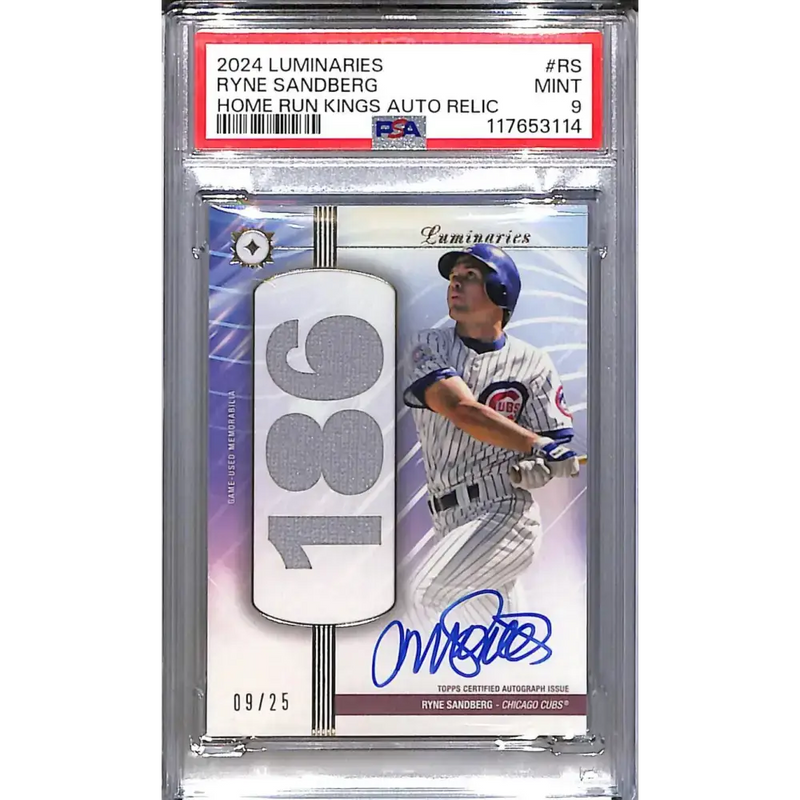 2024 Topps Luminaries Home Run Kings #HRKAR-RS Ryne Sandberg PSA 9 MINT MEM Auto 09/25 Chicago Cubs - Baseball Card