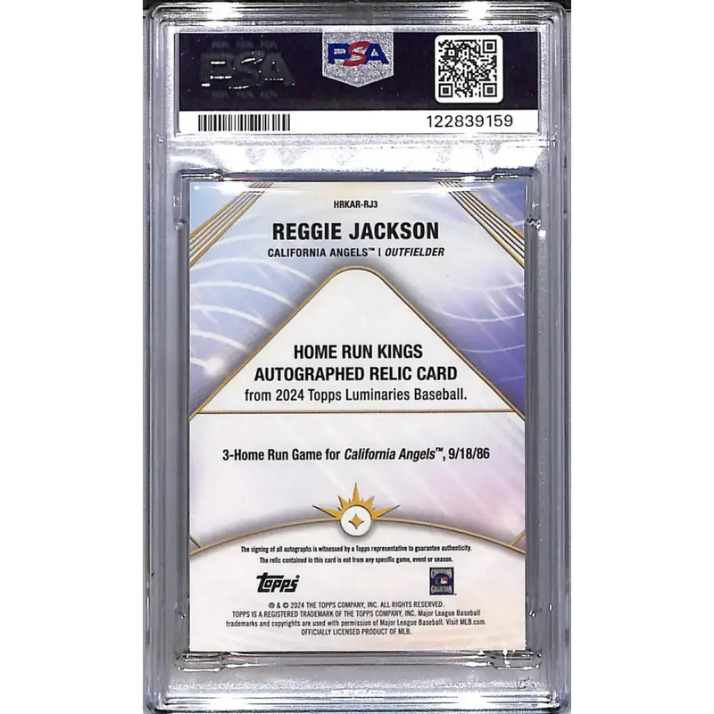 2024 Topps Luminaries Home Run Kings Purple #HRKAR-RJ3 Reggie Jackson PSA 10 GEM MINT MEM Auto 2/3 California Angels
