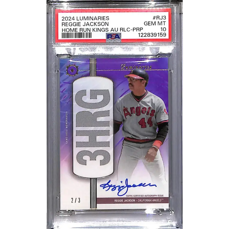 2024 Topps Luminaries Home Run Kings Purple #HRKAR-RJ3 Reggie Jackson PSA 10 GEM MINT MEM Auto 2/3 California Angels