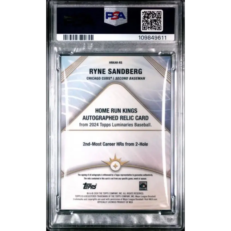 2024 Topps Luminaries #HRKARRS Ryne Sandberg PSA 10 GEM MINT MEM Auto 13/25 Chicago Cubs Baseball Card - Baseball Card