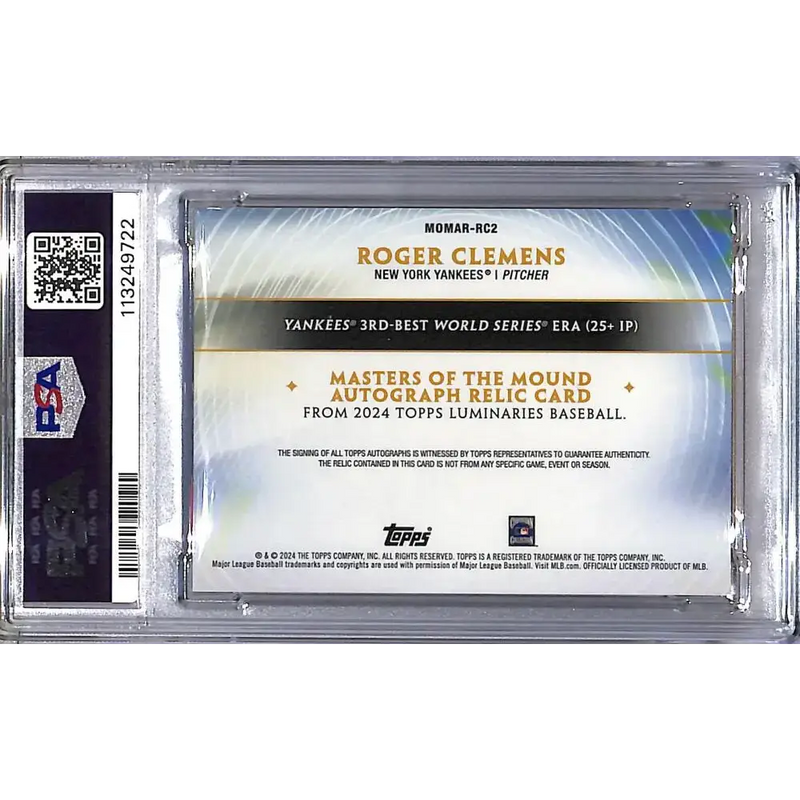 2024 Topps Luminaries Masters/Mound Blue #MOMAR-RC2 Roger Clemens PSA 10 GEM MINT MEM Auto 01/10 New York Yankees