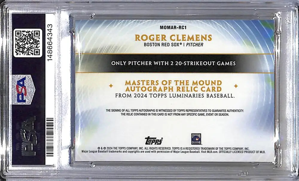 2024 Topps Luminaries Masters of the Mound #MOMAR-RC1 Roger Clemens PSA 10 GEM MINT MEM Auto 17/25 Boston Red Sox