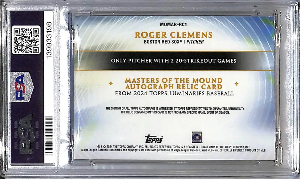 2024 Topps Luminaries Masters of the Mound #MOMAR-RC1 Roger Clemens PSA 9 MINT MEM Auto 3/25 Boston Red Sox