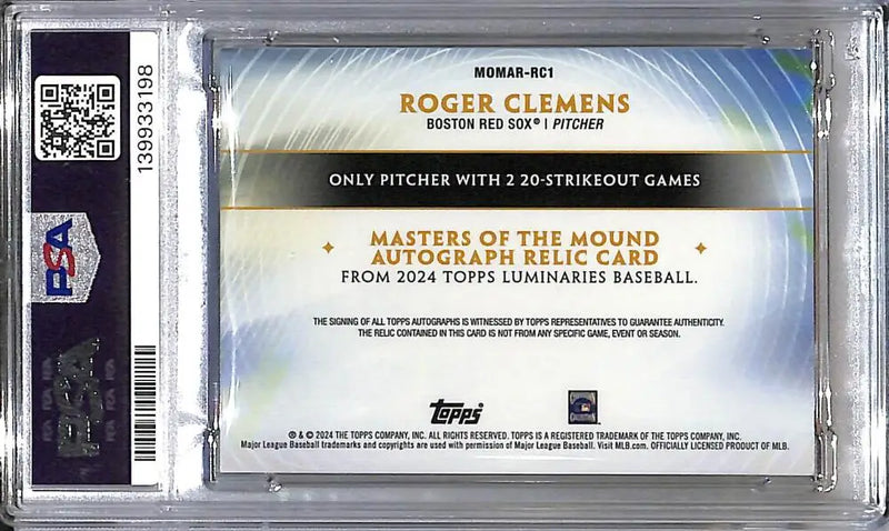 2024 Topps Luminaries Masters of the Mound #MOMAR-RC1 Roger Clemens PSA 9 MINT MEM Auto 3/25 Boston Red Sox