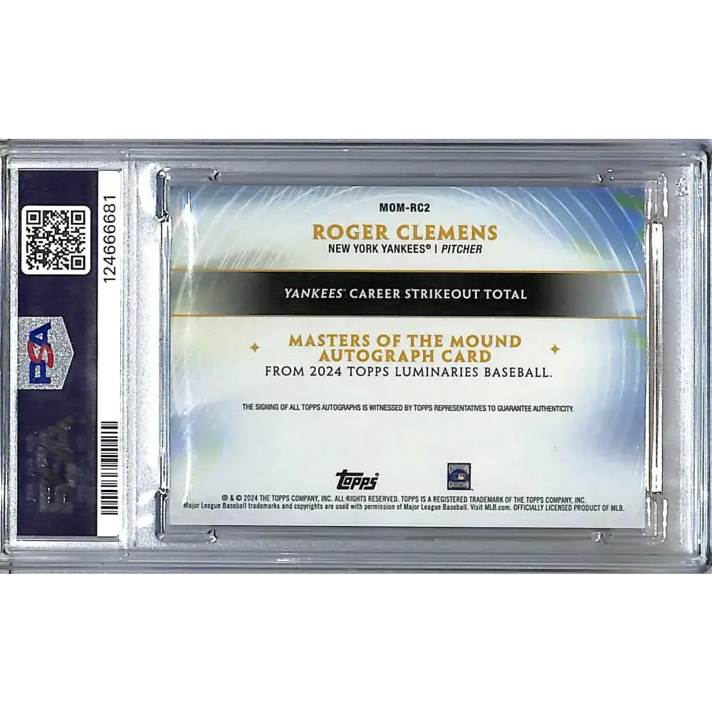 2024 Topps Luminaries Masters of the Mound Purple #MOM-RC2 Roger Clemens PSA 9 MINT Auto 1/3 New York Yankees