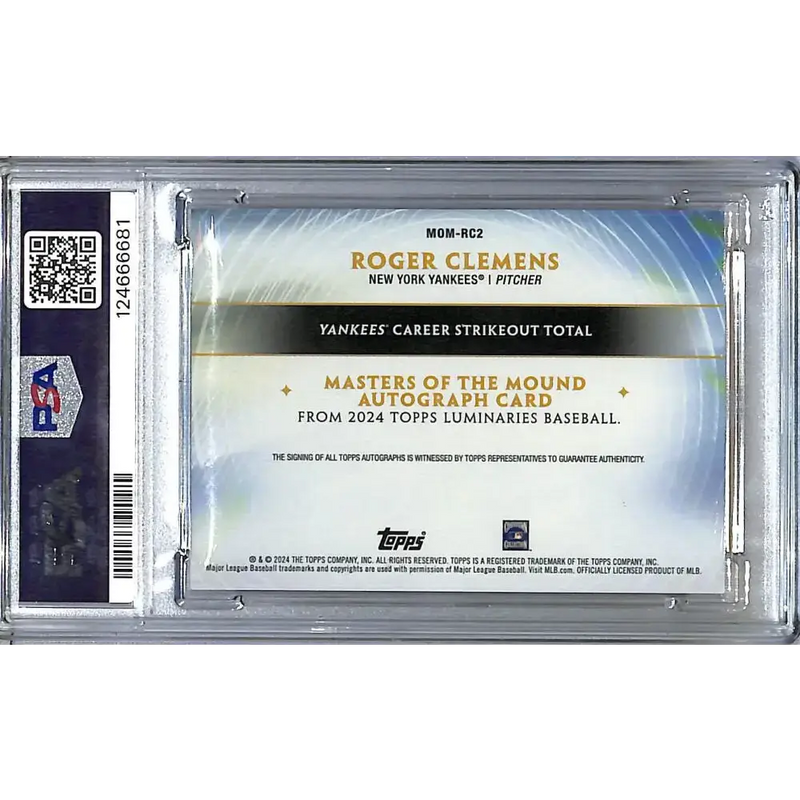 2024 Topps Luminaries Masters of the Mound Purple #MOM-RC2 Roger Clemens PSA 9 MINT Auto 1/3 New York Yankees