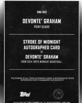 2024 Topps Midnight Devonte’ Graham #SMA-DEG Stroke of Midnight Auto Spurs - Basketball Card Single