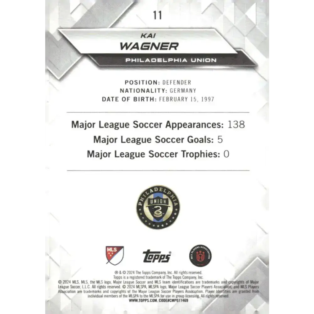 2024 Topps MLS Superstars #11 Kai Wagner NM-MT Philadelphia Union Soccer Card - Soccer Card Single
