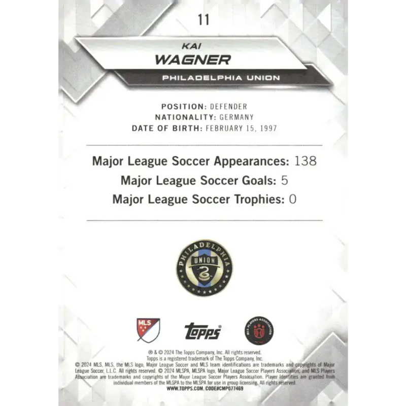 2024 Topps MLS Superstars #11 Kai Wagner NM-MT Philadelphia Union Soccer Card - Soccer Card Single