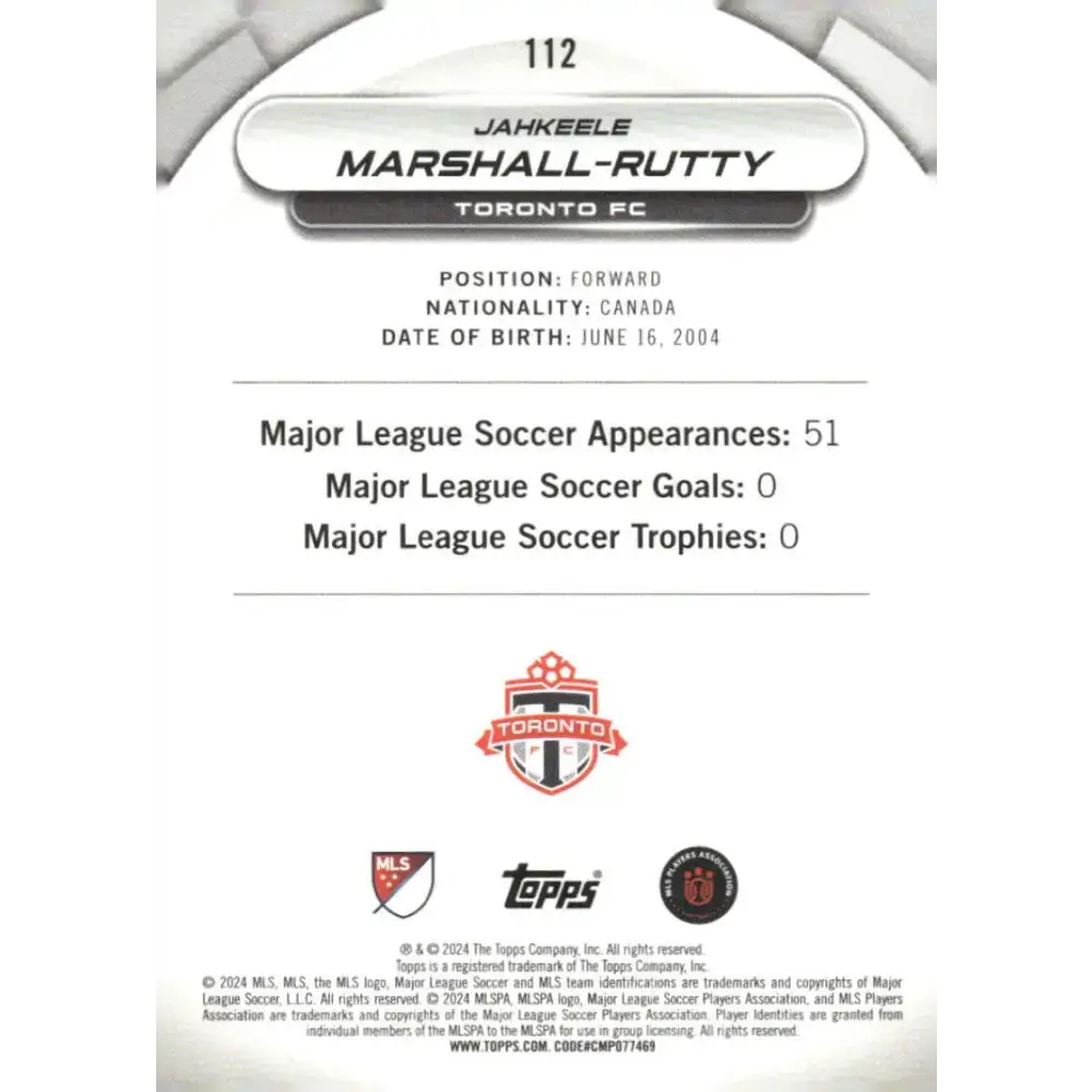 2024 Topps MLS Superstars #112 Jahkeele Marshall-Rutty NM-MT Toronto FC Soccer Card - Soccer Card Single