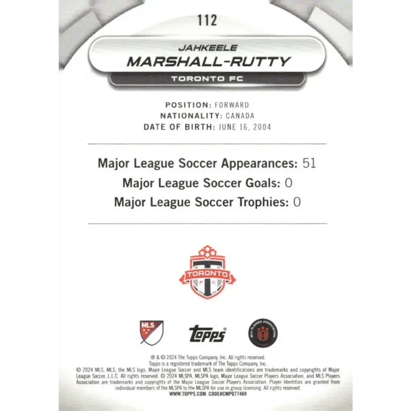 2024 Topps MLS Superstars #112 Jahkeele Marshall-Rutty NM-MT Toronto FC Soccer Card - Soccer Card Single