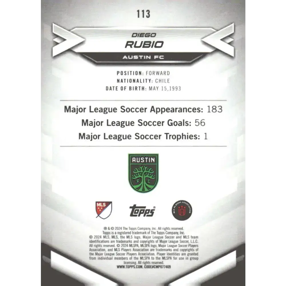 2024 Topps MLS Superstars #113 Diego Rubio NM-MT Austin FC Soccer Card - Soccer Card Single