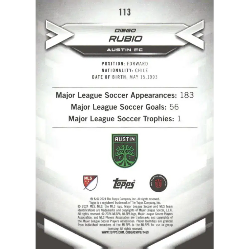 2024 Topps MLS Superstars #113 Diego Rubio NM-MT Austin FC Soccer Card - Soccer Card Single