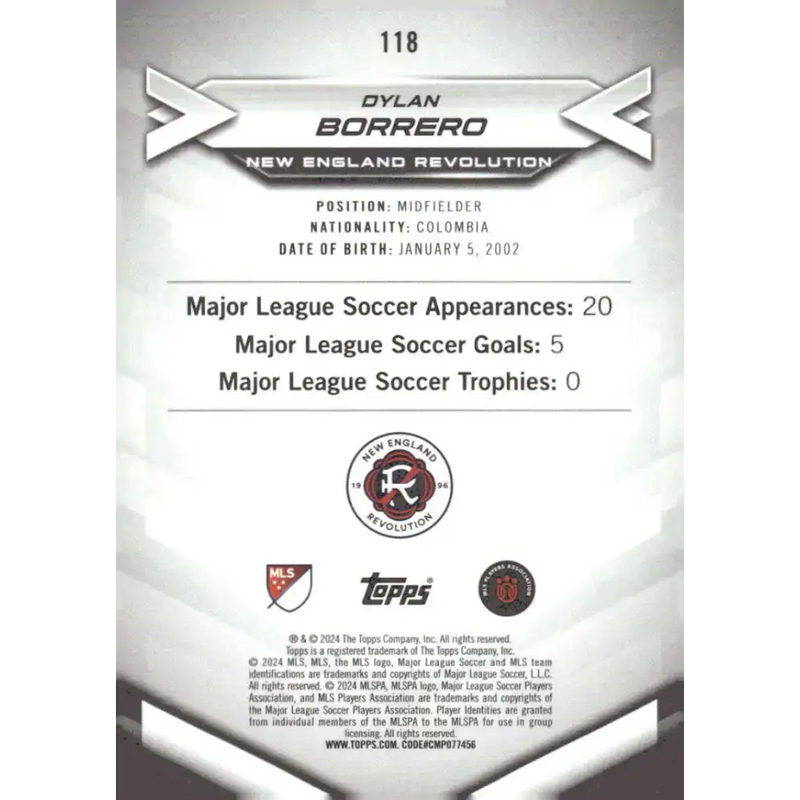 2024 Topps MLS Superstars #118 Dylan Borrero NM-MT New England Revolution Soccer Card - Soccer Card Single