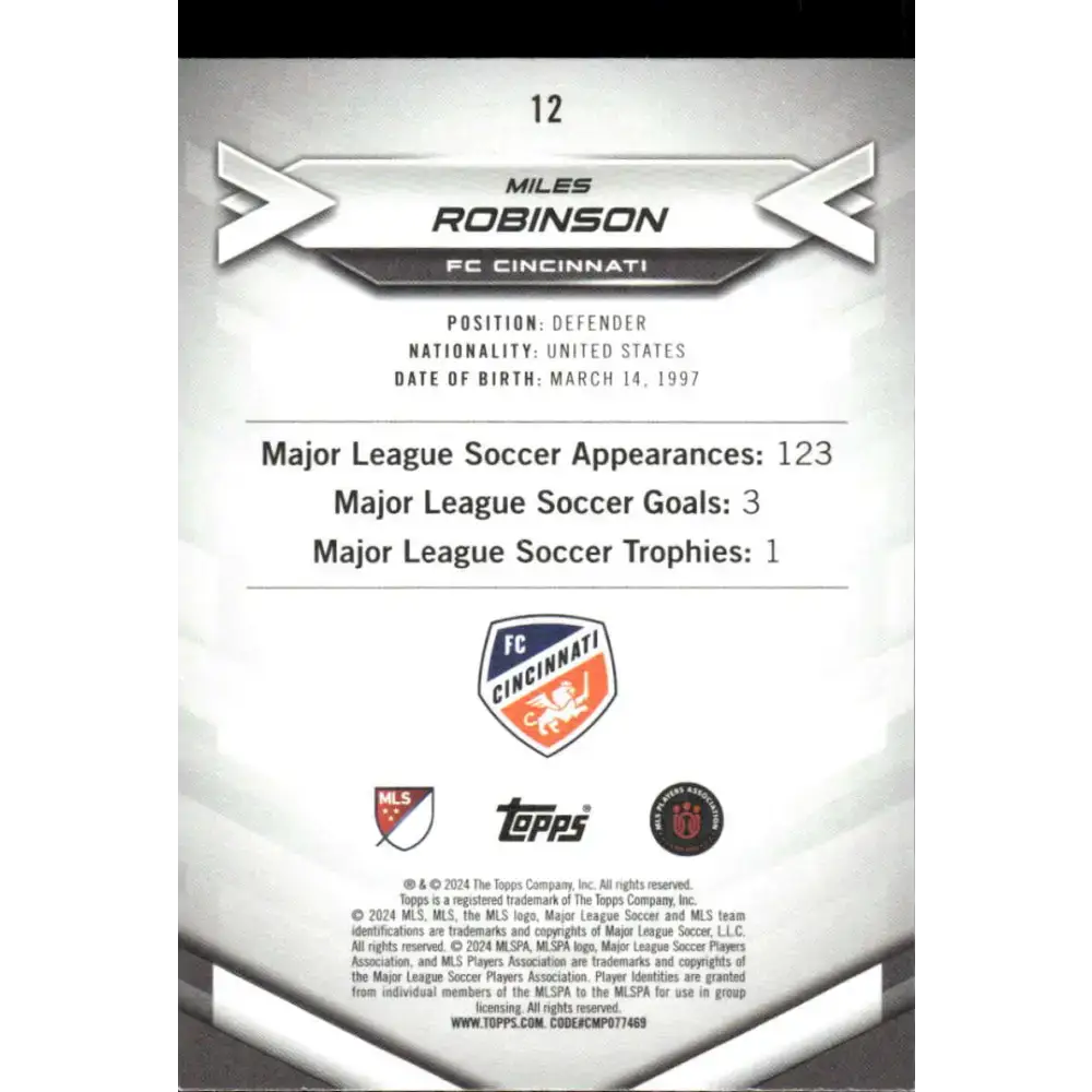 2024 Topps MLS Superstars #12 Miles Robinson NM-MT FC Cincinnati Soccer Card - Soccer Card Single