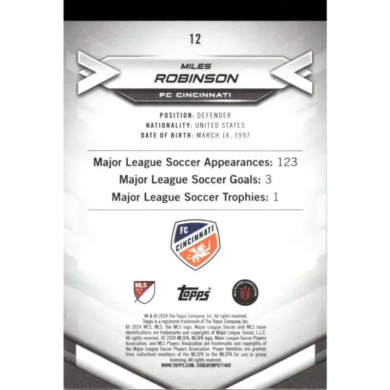 2024 Topps MLS Superstars #12 Miles Robinson NM-MT FC Cincinnati Soccer Card - Soccer Card Single