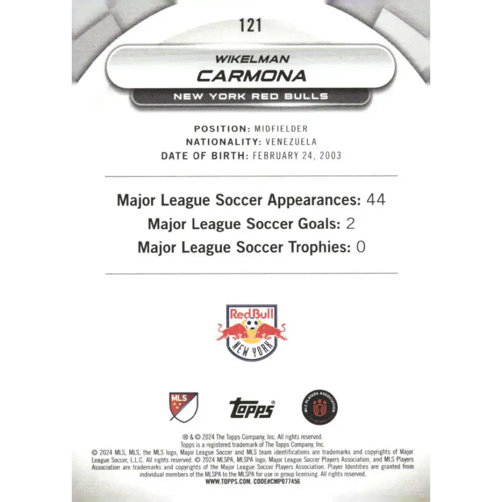 2024 Topps MLS Superstars #121 Wikelman Carmona NM-MT RC Rookie New York Red Bulls Soccer Card - Soccer Card Single