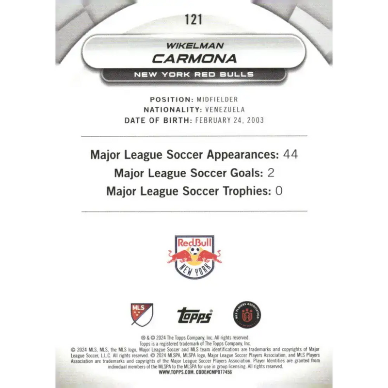 2024 Topps MLS Superstars #121 Wikelman Carmona NM-MT RC Rookie New York Red Bulls Soccer Card - Soccer Card Single