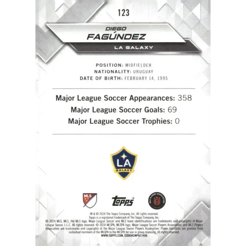 2024 Topps MLS Superstars #123 Diego Fagundez NM-MT LA Galaxy Soccer Card - Soccer Card Single