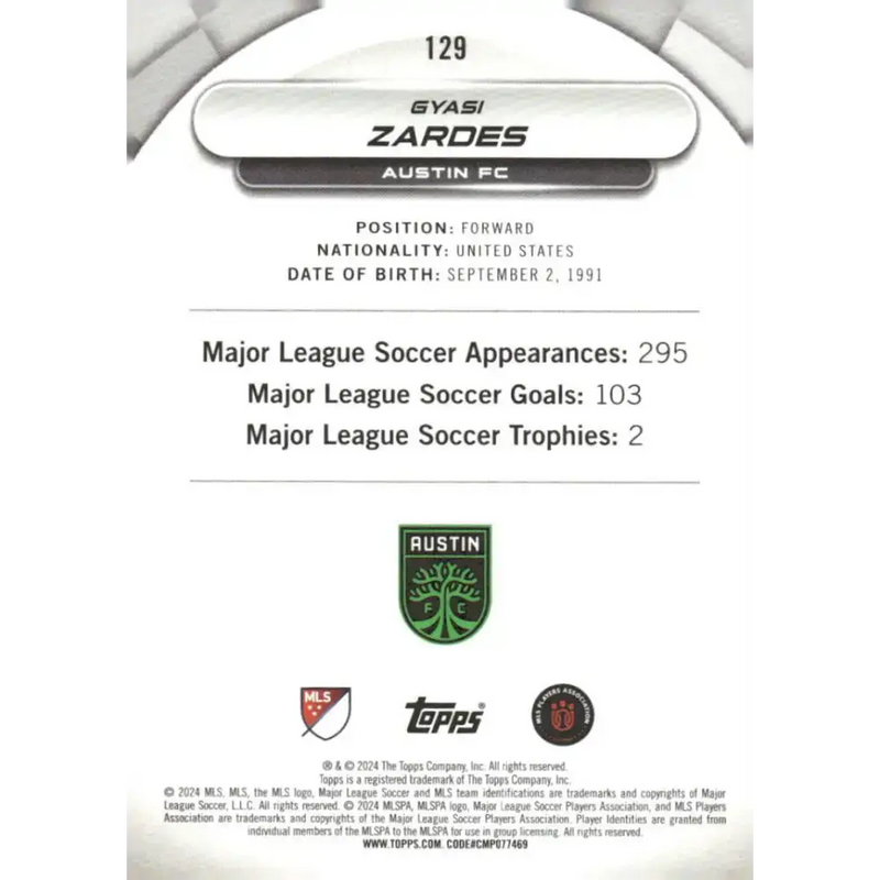 2024 Topps MLS Superstars #129 Gyasi Zardes NM-MT Austin FC Soccer Card - Soccer Card Single