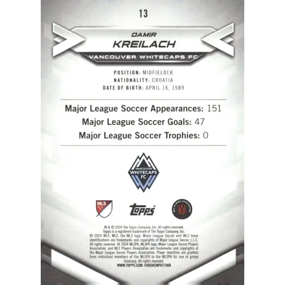 2024 Topps MLS Superstars #13 Damir Kreilach NM-MT Vancouver Whitecaps FC Soccer Card - Soccer Card Single