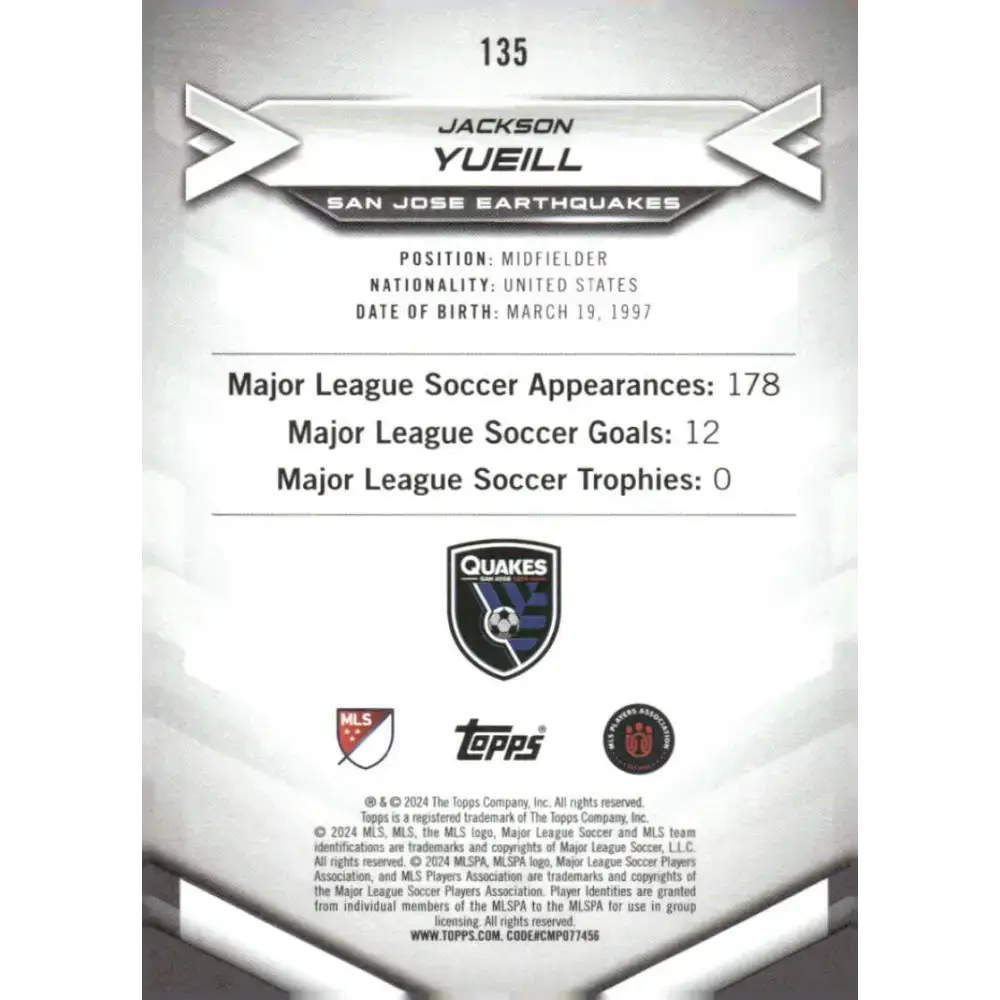 2024 Topps MLS Superstars #135 Jackson Yueill NM-MT San Jose Earthquakes Soccer Card - Soccer Card Single