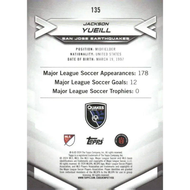 2024 Topps MLS Superstars #135 Jackson Yueill NM-MT San Jose Earthquakes Soccer Card - Soccer Card Single