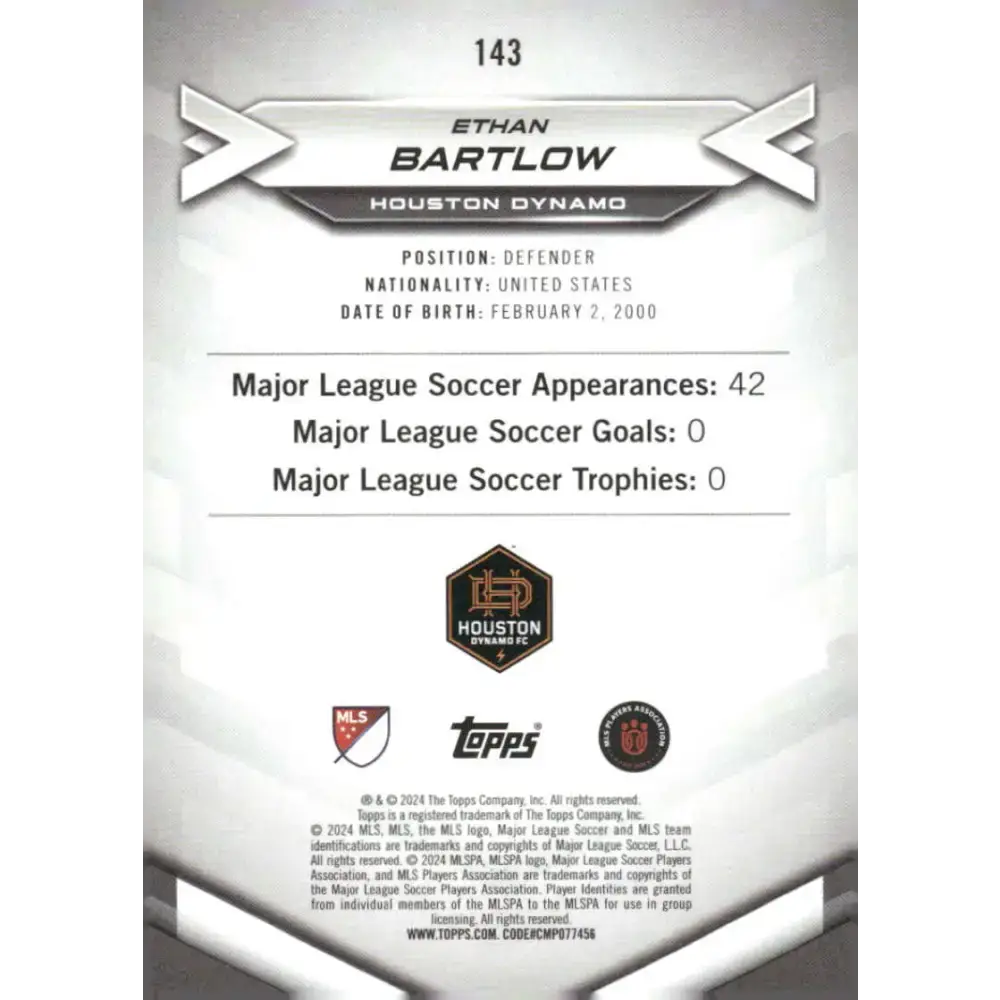 2024 Topps MLS Superstars #143 Ethan Bartlow NM-MT RC Rookie Houston Dynamo Soccer Card - Soccer Card Single