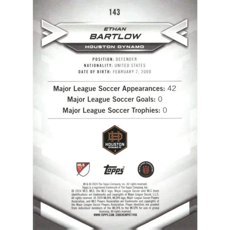 2024 Topps MLS Superstars #143 Ethan Bartlow NM-MT RC Rookie Houston Dynamo Soccer Card - Soccer Card Single