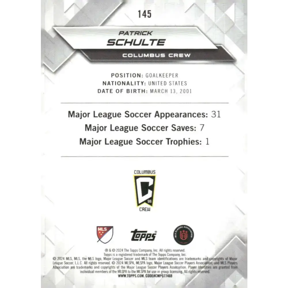 2024 Topps MLS Superstars #145 Patrick Schulte NM-MT Columbus Crew Soccer Card - Soccer Card Single