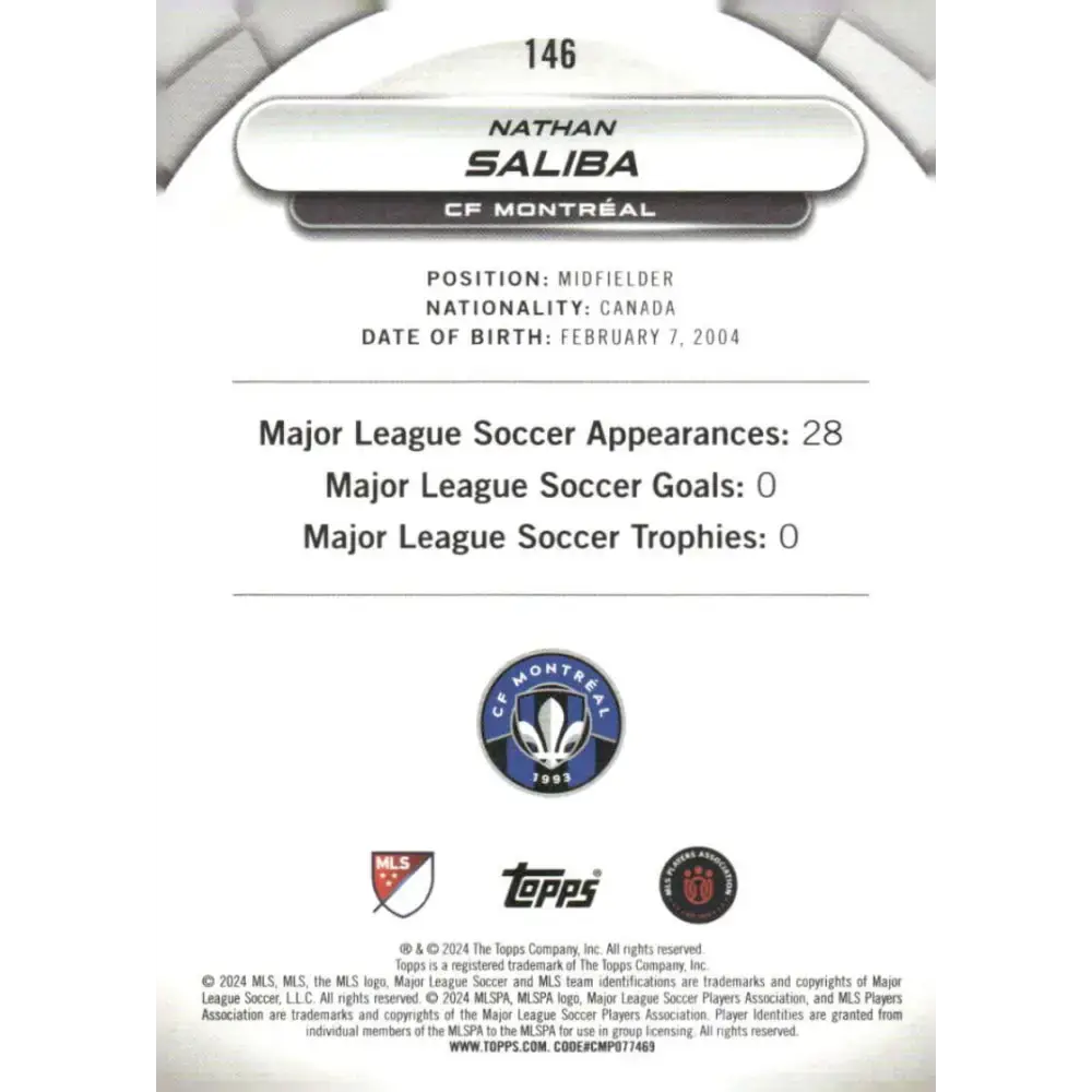 2024 Topps MLS Superstars #146 Nathan Saliba NM-MT RC Rookie CF Montreal Soccer Card - Soccer Card Single