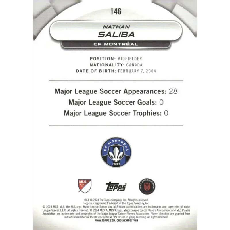 2024 Topps MLS Superstars #146 Nathan Saliba NM-MT RC Rookie CF Montreal Soccer Card - Soccer Card Single