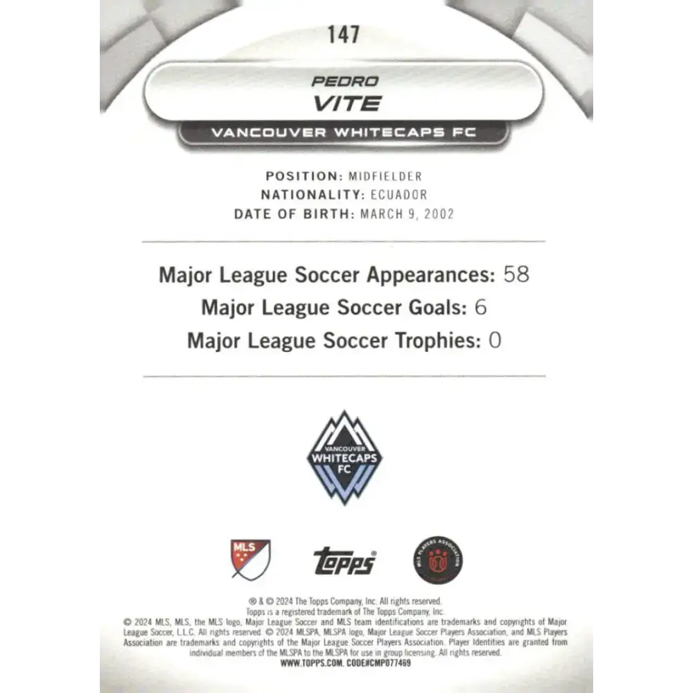2024 Topps MLS Superstars #147 Pedro Vite NM-MT Vancouver Whitecaps FC Soccer Card - Soccer Card Single