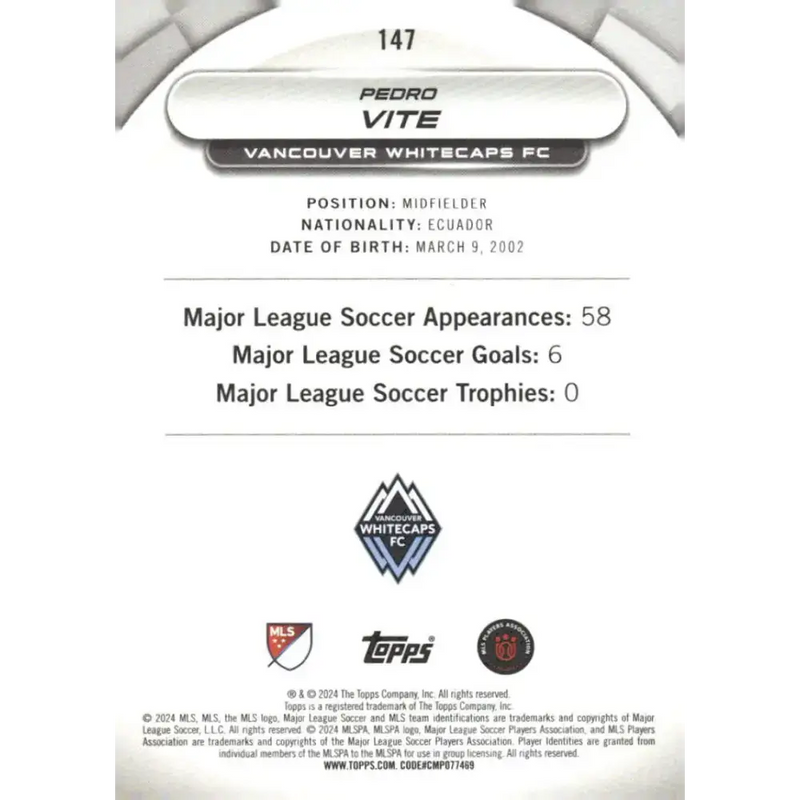 2024 Topps MLS Superstars #147 Pedro Vite NM-MT Vancouver Whitecaps FC Soccer Card - Soccer Card Single