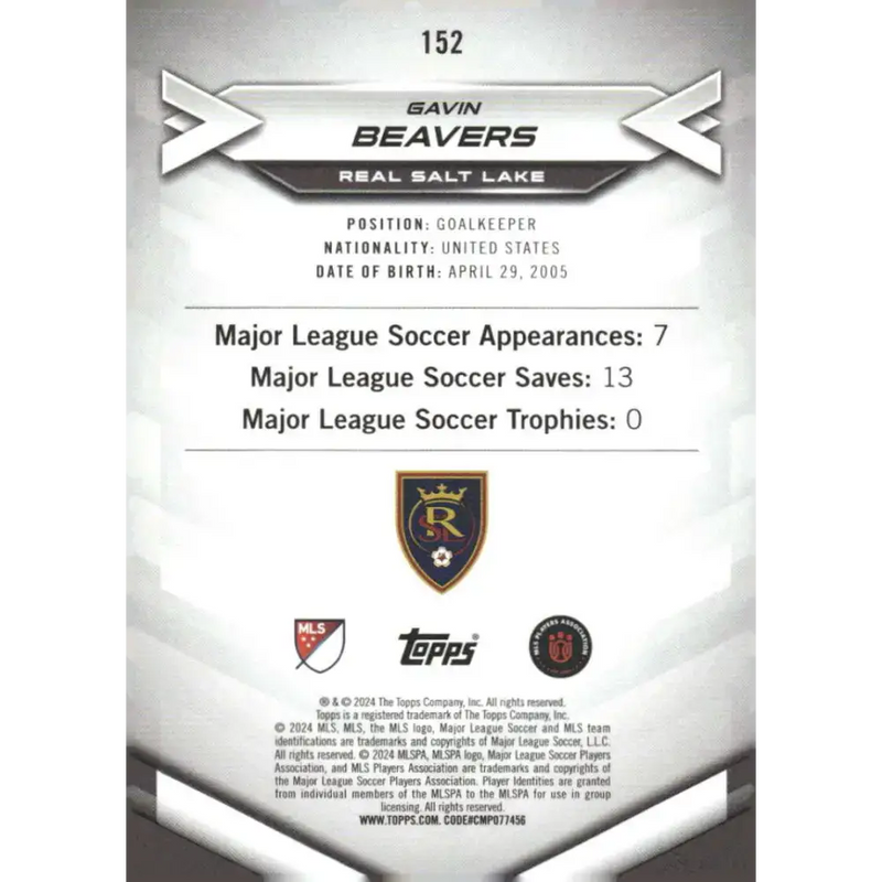 2024 Topps MLS Superstars #152 Gavin Beavers NM-MT RC Rookie Real Salt Lake Soccer Card - Soccer Card Single