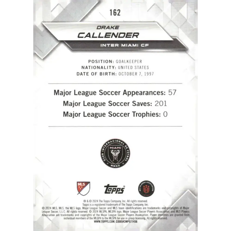 2024 Topps MLS Superstars #162 Drake Callender NM-MT RC Rookie Inter Miami CF Soccer Card - Soccer Card Single