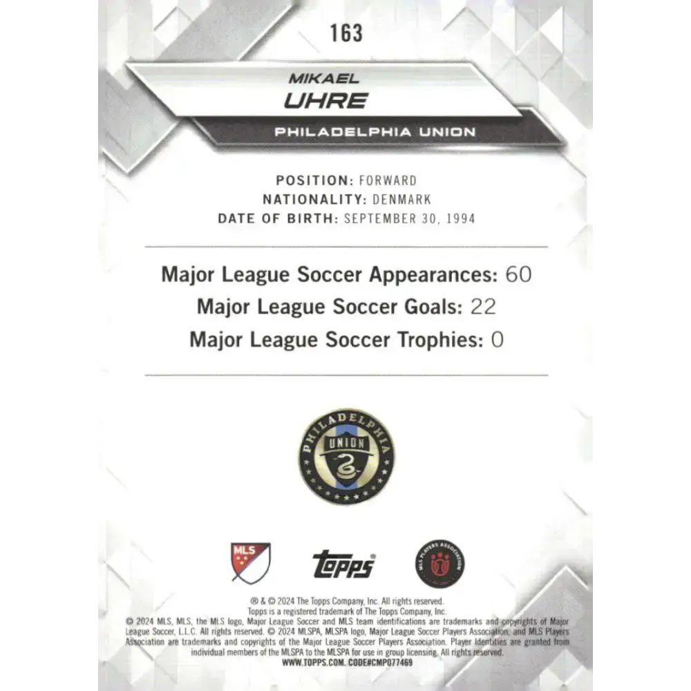 2024 Topps MLS Superstars #163 Mikael Uhre NM-MT Philadelphia Union Soccer Card - Soccer Card Single