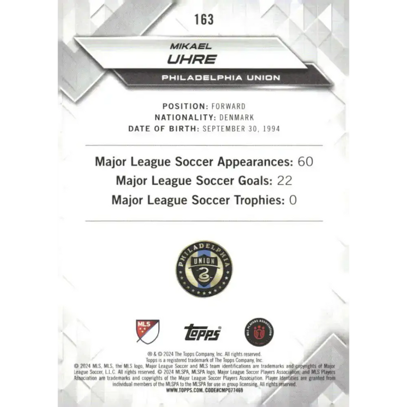 2024 Topps MLS Superstars #163 Mikael Uhre NM-MT Philadelphia Union Soccer Card - Soccer Card Single