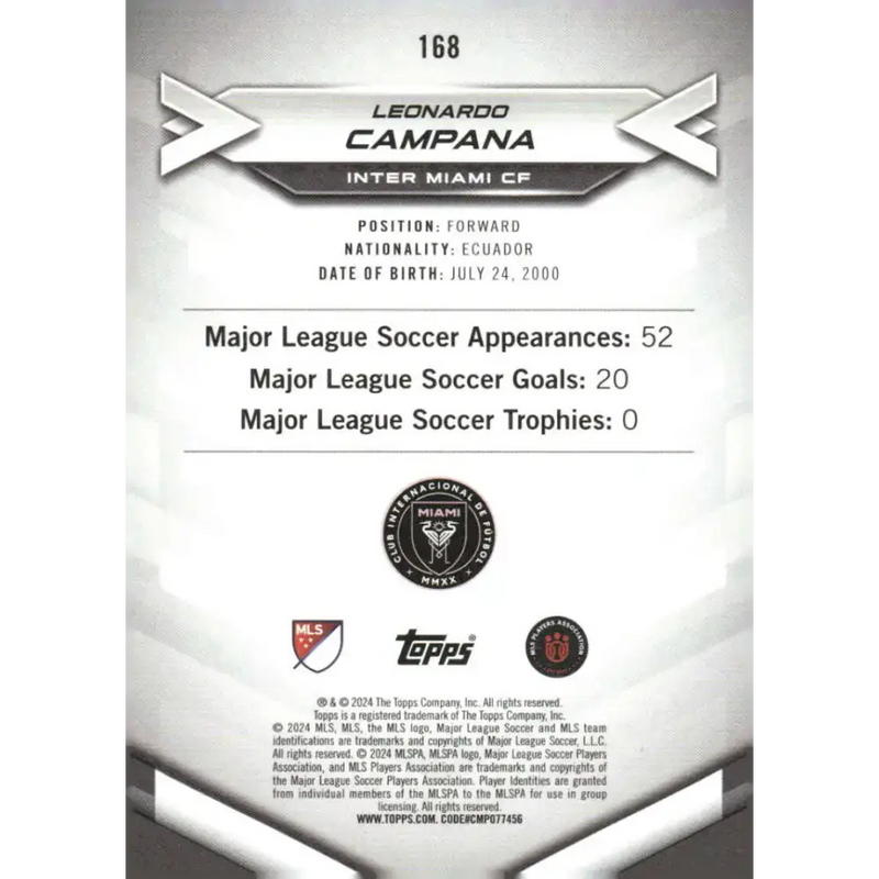 2024 Topps MLS Superstars #168 Leonardo Campana NM-MT RC Rookie Inter Miami CF Soccer Card - Soccer Card Single