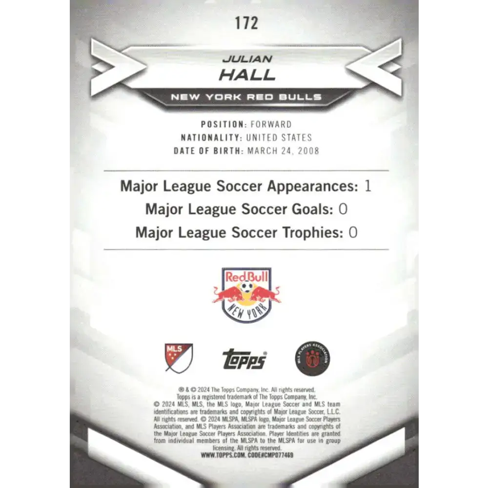 2024 Topps MLS Superstars #172 Julian Hall NM-MT RC Rookie New York Red Bulls Soccer Card - Soccer Card Single