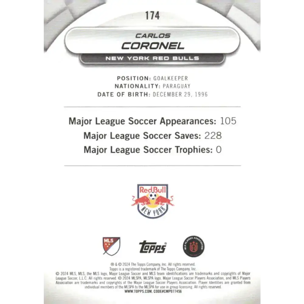 2024 Topps MLS Superstars #174 Carlos Coronel NM-MT RC Rookie New York Red Bulls Soccer Card - Soccer Card Single