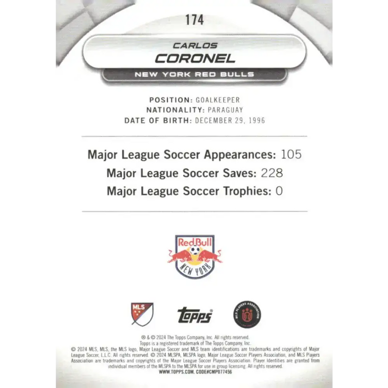 2024 Topps MLS Superstars #174 Carlos Coronel NM-MT RC Rookie New York Red Bulls Soccer Card - Soccer Card Single