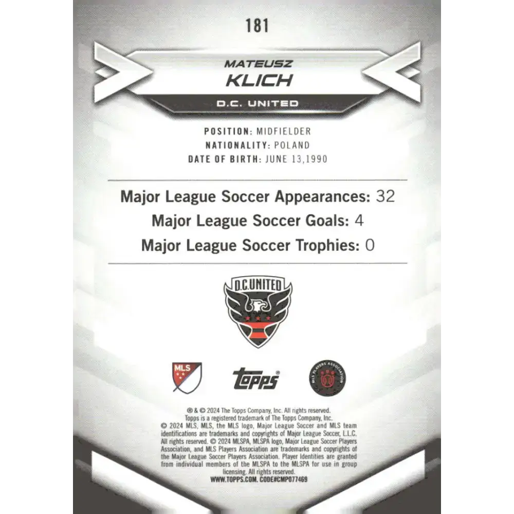 2024 Topps MLS Superstars #181 Mateusz Klich NM-MT D.C. United Soccer Card - Soccer Card Single