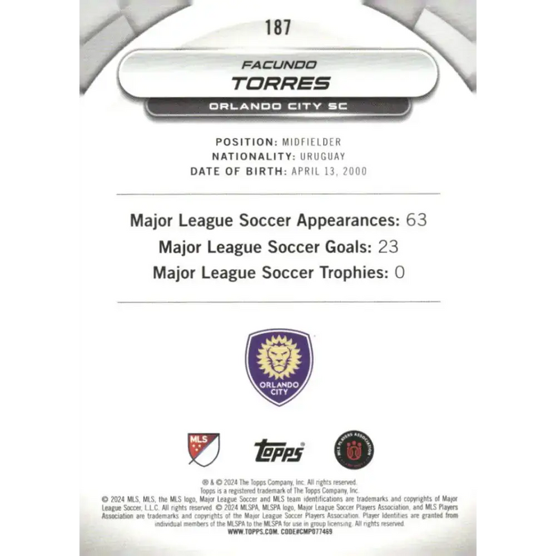 2024 Topps MLS Superstars #187 Facundo Torres NM-MT Orlando City SC Soccer Card - Soccer Card Single