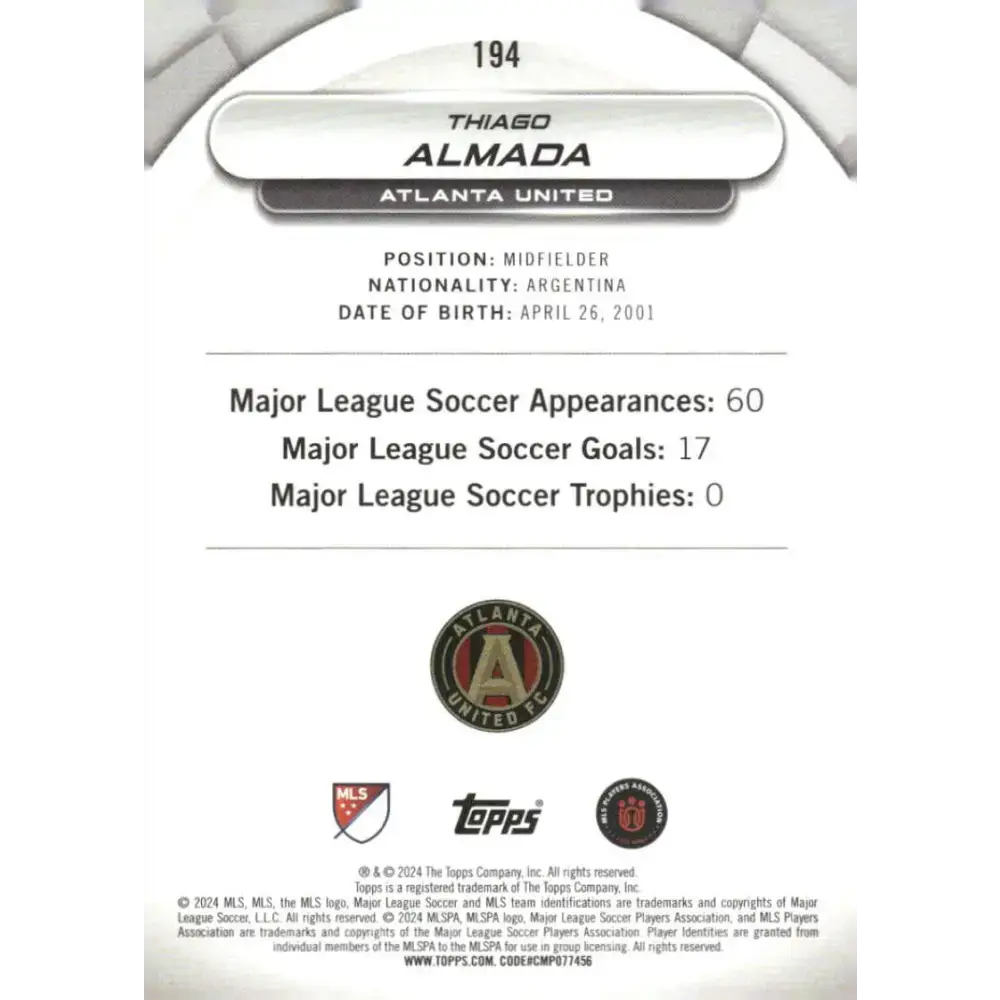 2024 Topps MLS Superstars #194 Thiago Almada NM-MT Atlanta United Soccer Card - Soccer Card Single